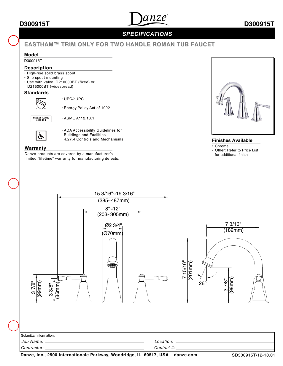 Danze D300915T - Spec Sheets User Manual | 1 page