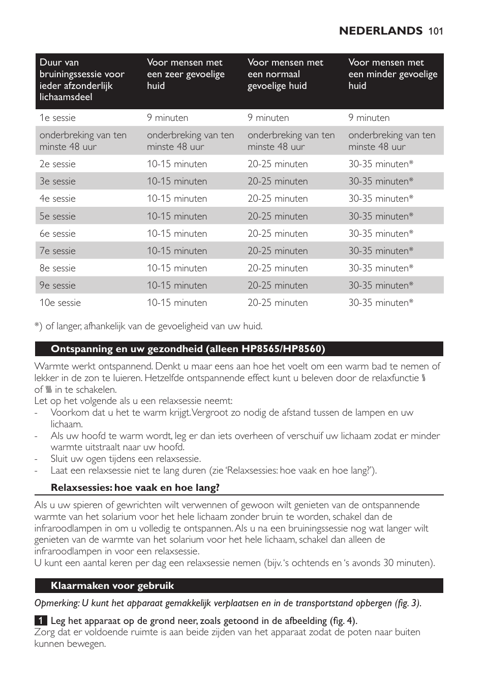 Relaxsessies: hoe vaak en hoe lang, Klaarmaken voor gebruik | Philips HP8560 User Manual | Page 101 / 204