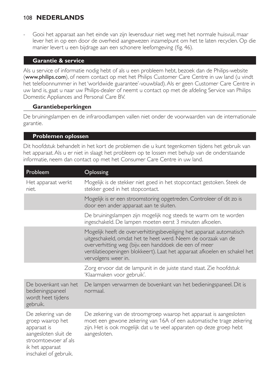 Garantie & service, Garantiebeperkingen, Problemen oplossen | Philips HP8560 User Manual | Page 108 / 204