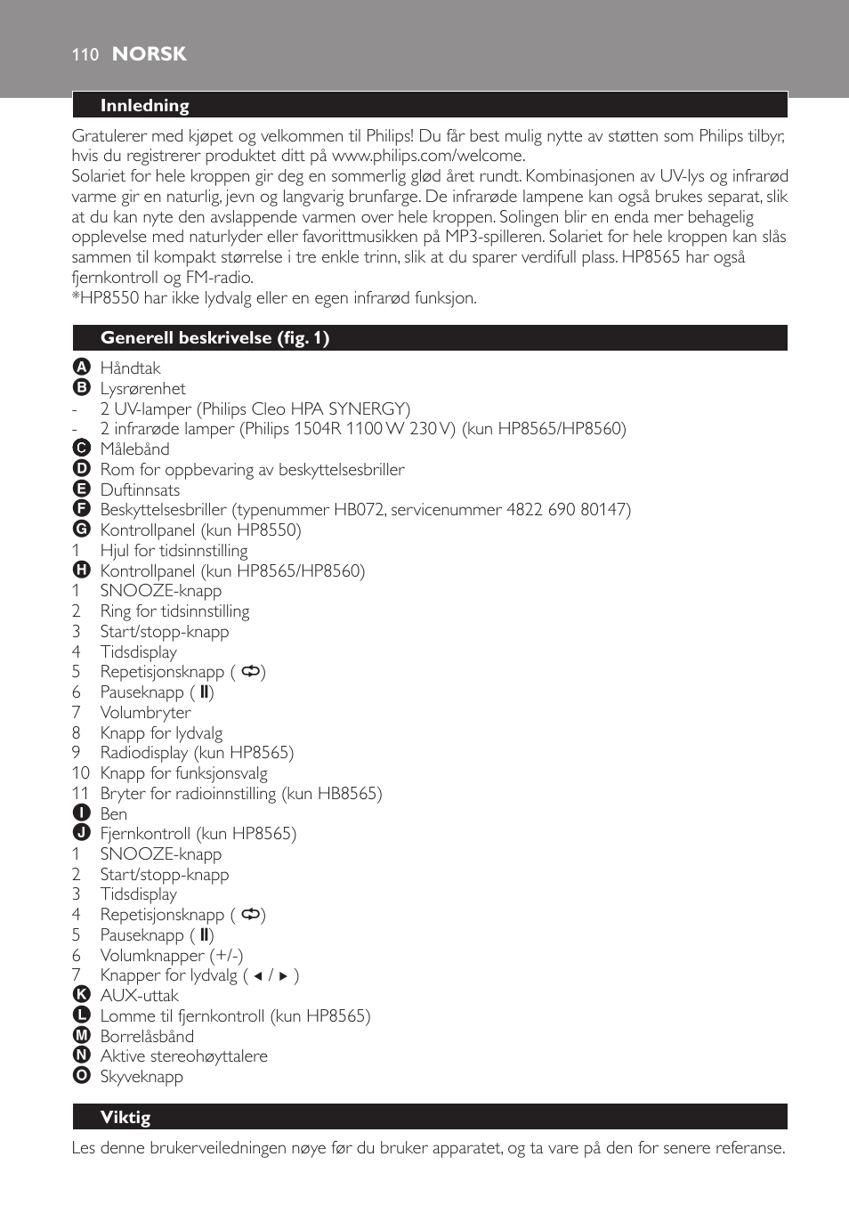 Norsk, Innledning, Generell beskrivelse (fig. 1) | Viktig | Philips HP8560 User Manual | Page 110 / 204