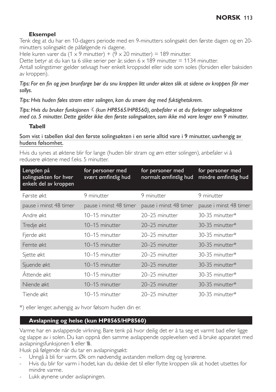 Eksempel, Tabell, Avslapning og helse (kun hp8565/hp8560) | Philips HP8560 User Manual | Page 113 / 204