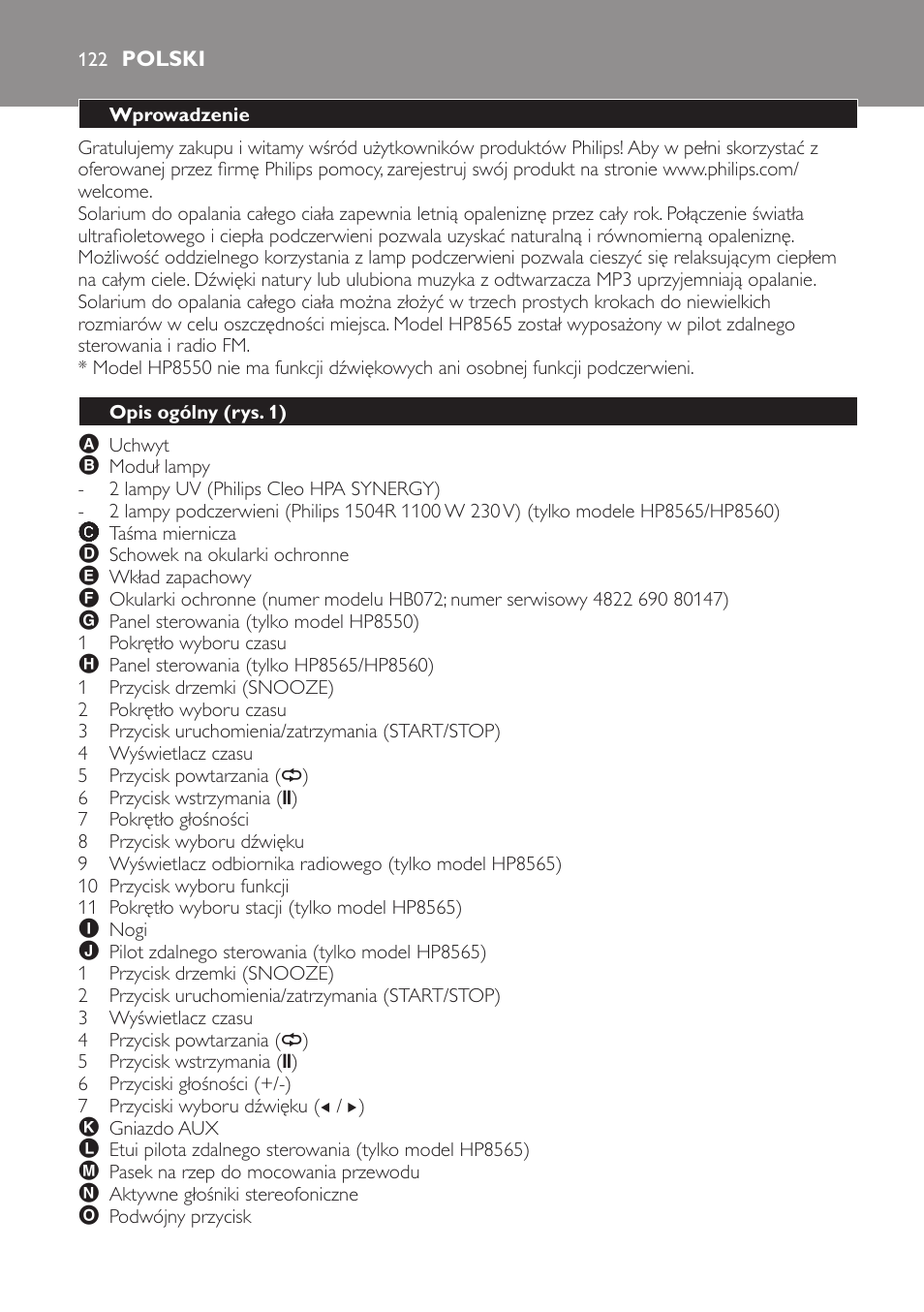 Polski, Wprowadzenie, Opis ogólny (rys. 1) | Philips HP8560 User Manual | Page 122 / 204