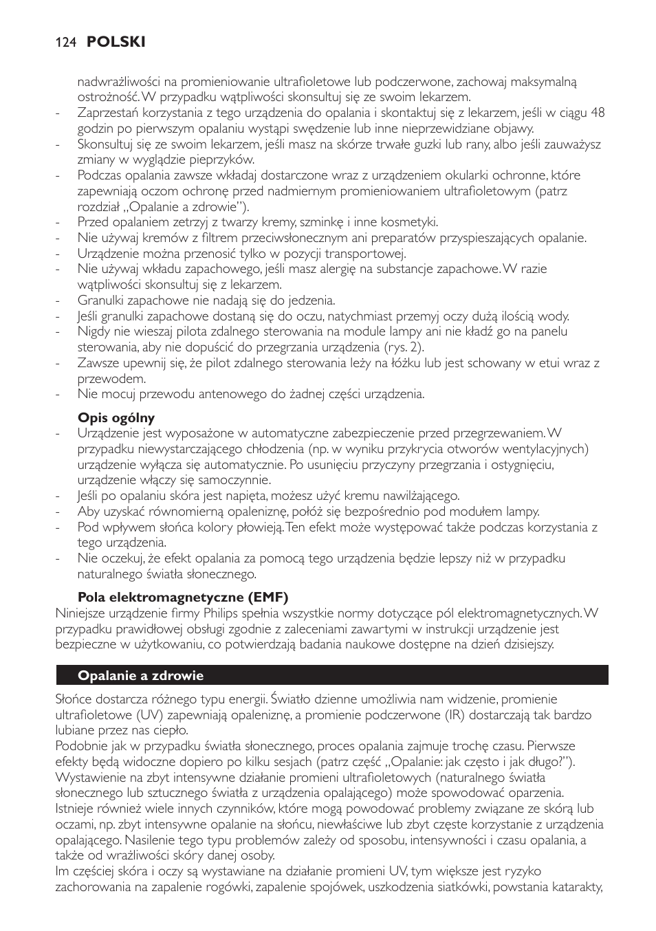 Opis ogólny, Pola elektromagnetyczne (emf), Opalanie a zdrowie | Philips HP8560 User Manual | Page 124 / 204