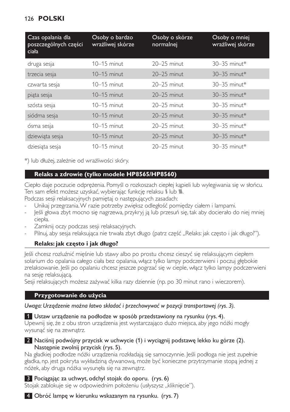 Relaks a zdrowie (tylko modele hp8565/hp8560), Relaks: jak często i jak długo, Przygotowanie do użycia | Philips HP8560 User Manual | Page 126 / 204