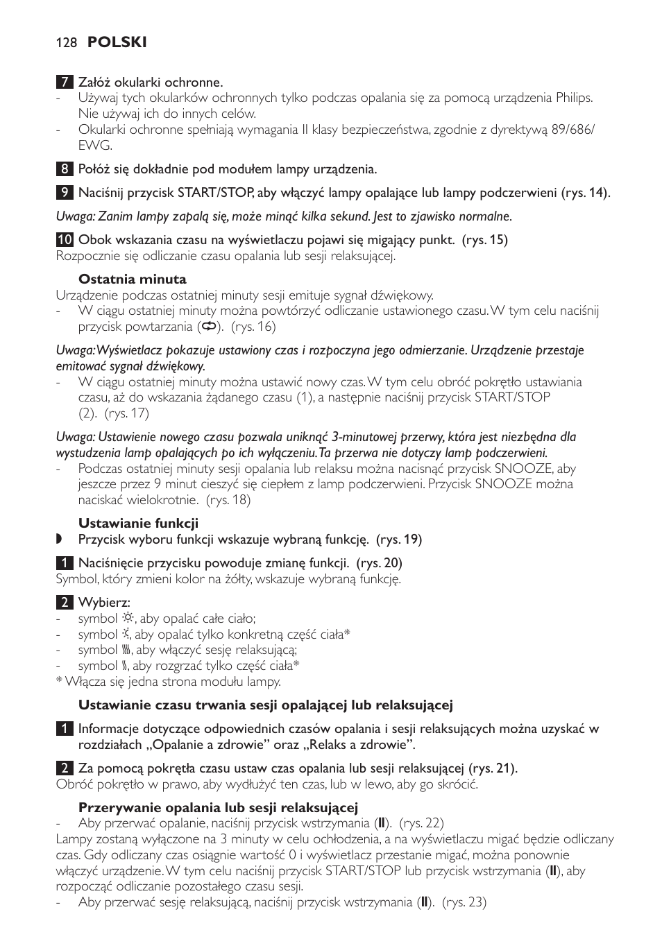 Ostatnia minuta, Ustawianie funkcji, Przerywanie opalania lub sesji relaksującej | Philips HP8560 User Manual | Page 128 / 204