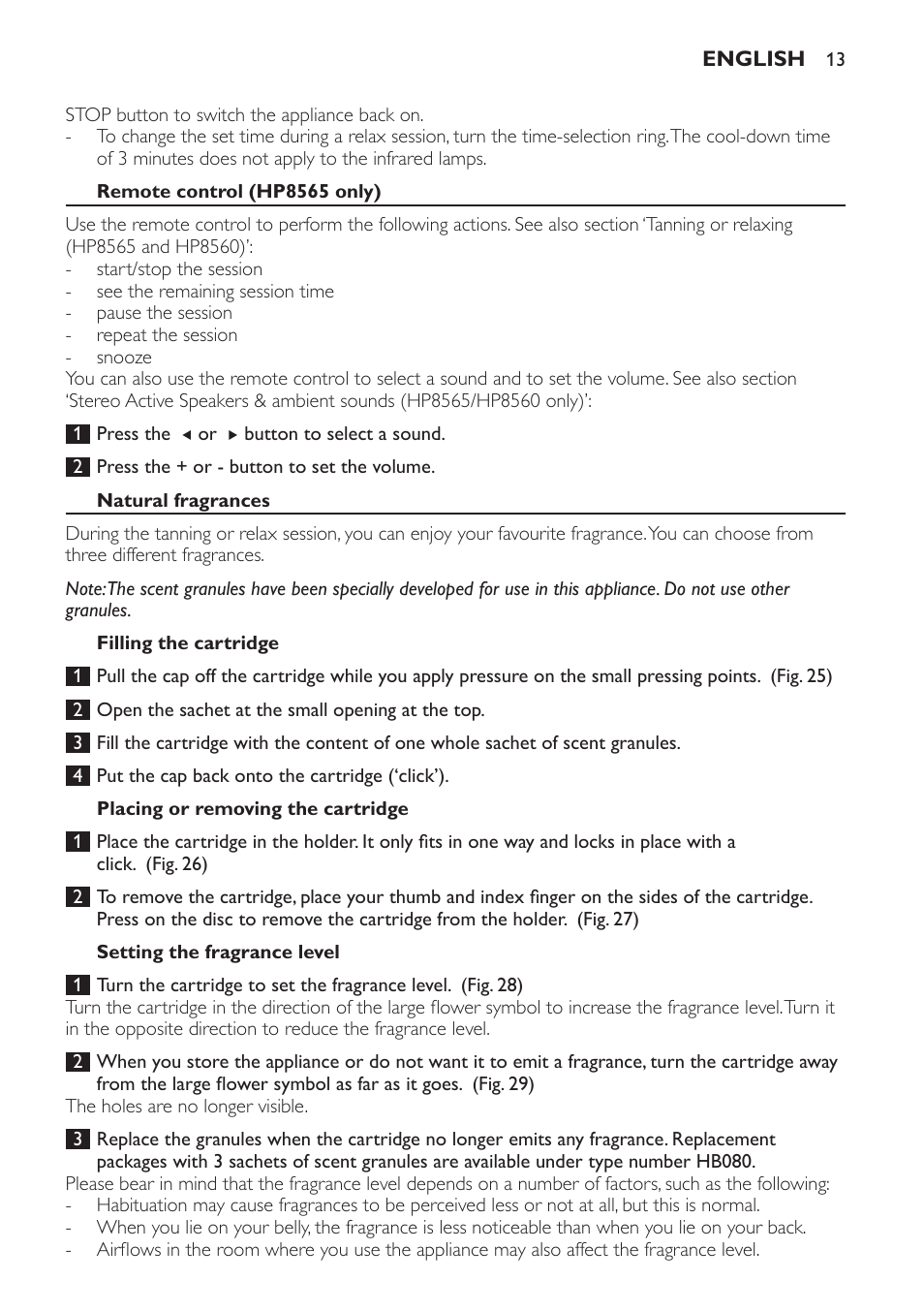 Remote control (hp8565 only), Natural fragrances, Filling the cartridge | Placing or removing the cartridge, Setting the fragrance level | Philips HP8560 User Manual | Page 13 / 204