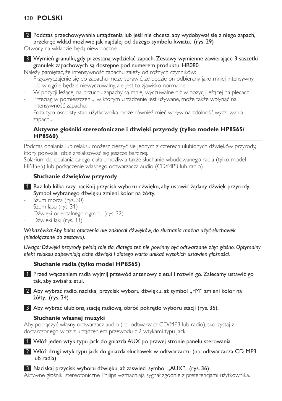 Słuchanie dźwięków przyrody, Słuchanie radia (tylko model hp8565), Słuchanie własnej muzyki | Philips HP8560 User Manual | Page 130 / 204