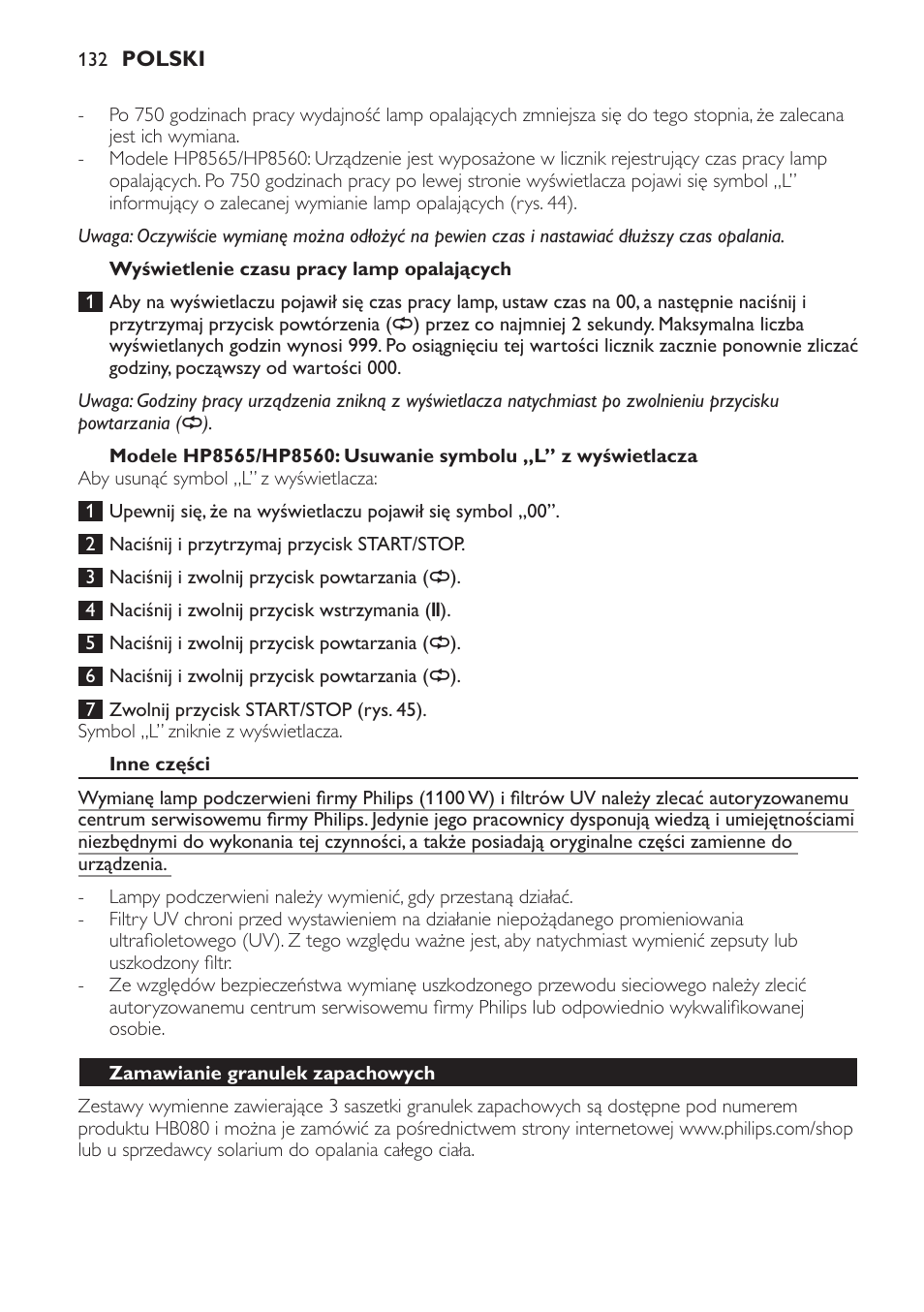 Wyświetlenie czasu pracy lamp opalających, Inne części, Zamawianie granulek zapachowych | Philips HP8560 User Manual | Page 132 / 204