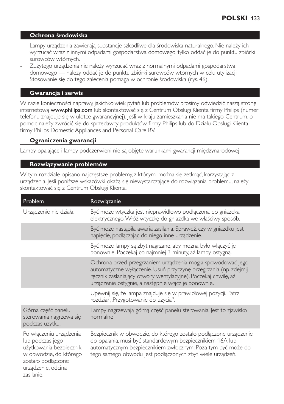 Ochrona środowiska, Gwarancja i serwis, Ograniczenia gwarancji | Rozwiązywanie problemów | Philips HP8560 User Manual | Page 133 / 204