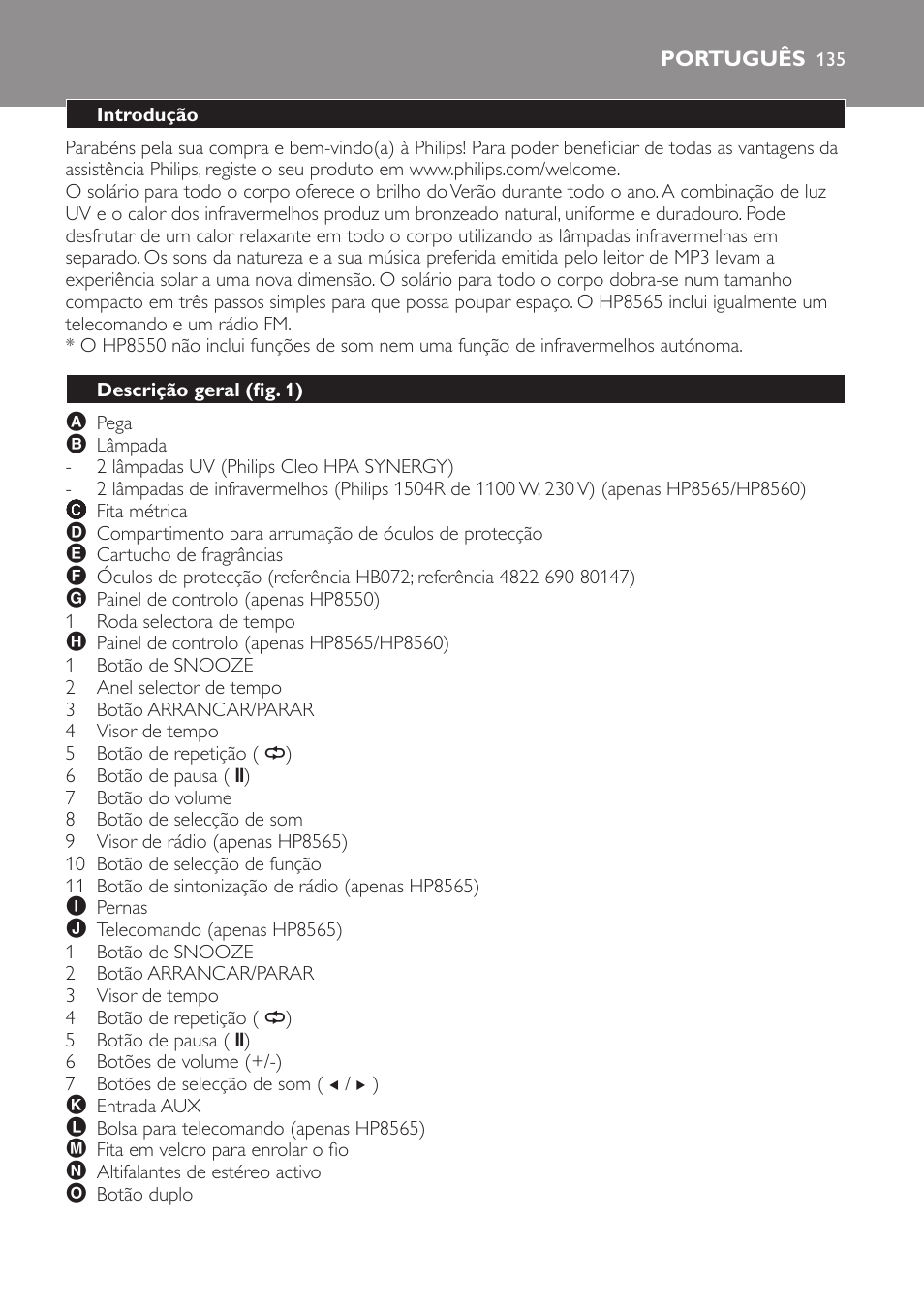 Português, Introdução, Descrição geral (fig. 1) | Philips HP8560 User Manual | Page 135 / 204