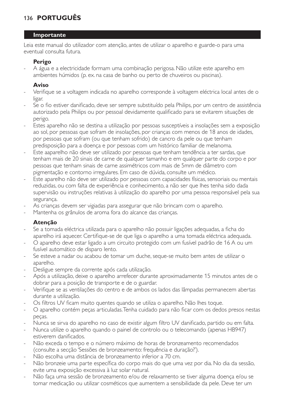 Perigo, Aviso, Atenção | Importante | Philips HP8560 User Manual | Page 136 / 204