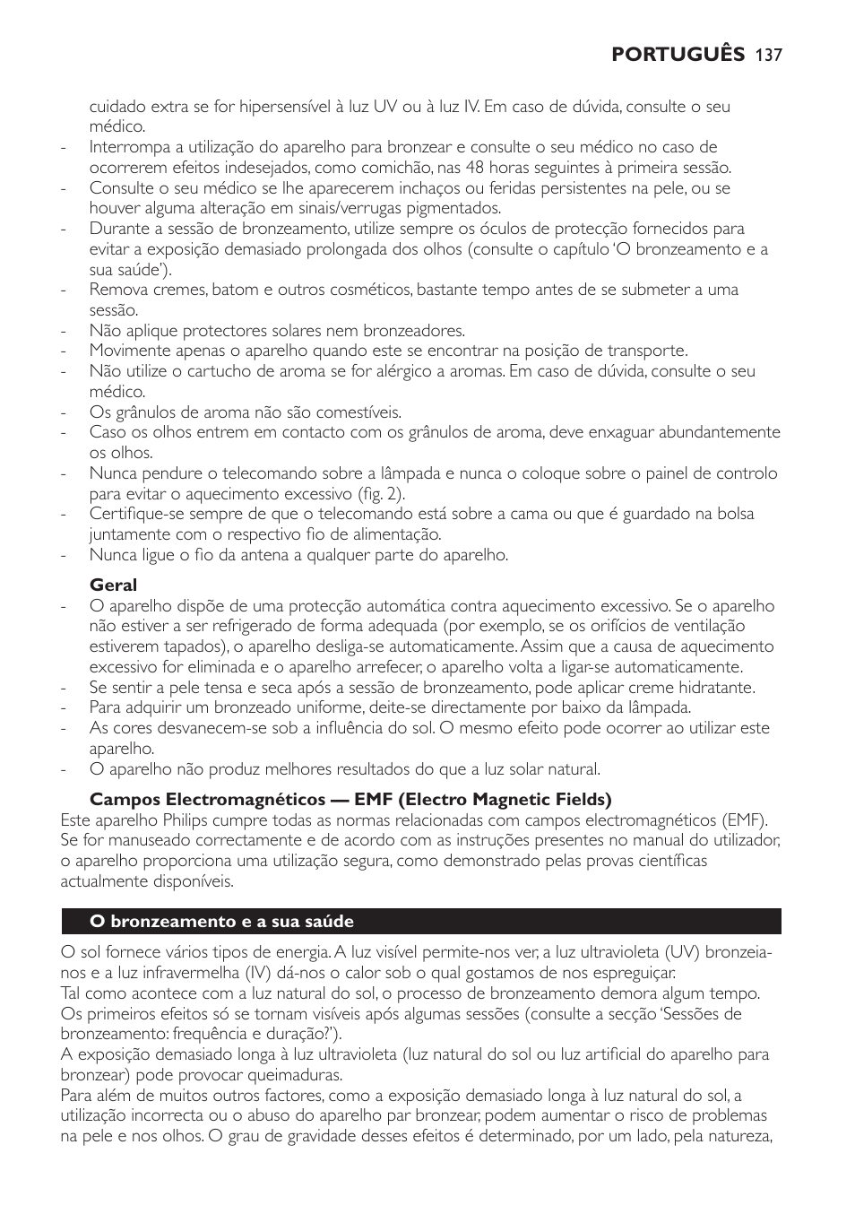 Geral, O bronzeamento e a sua saúde | Philips HP8560 User Manual | Page 137 / 204