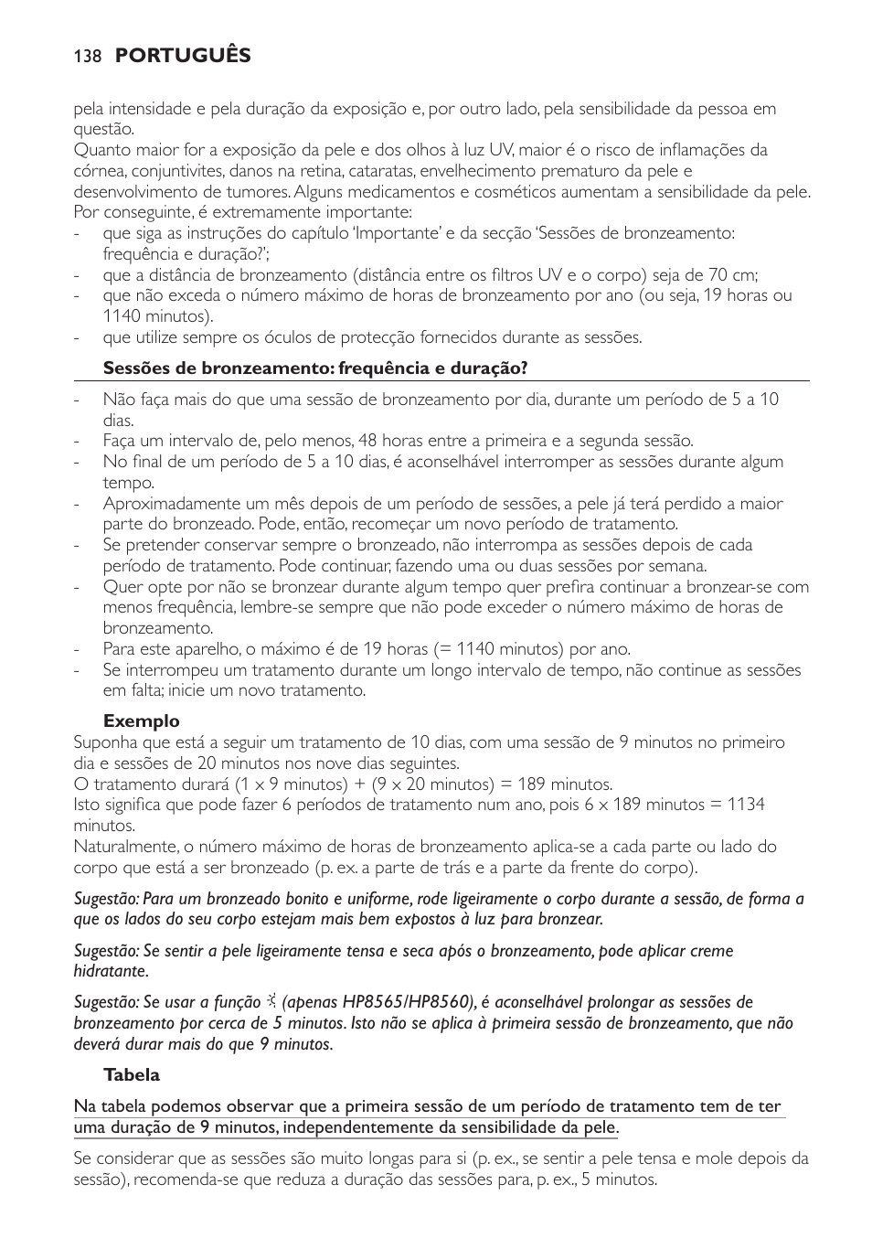 Sessões de bronzeamento: frequência e duração, Exemplo, Tabela | Philips HP8560 User Manual | Page 138 / 204