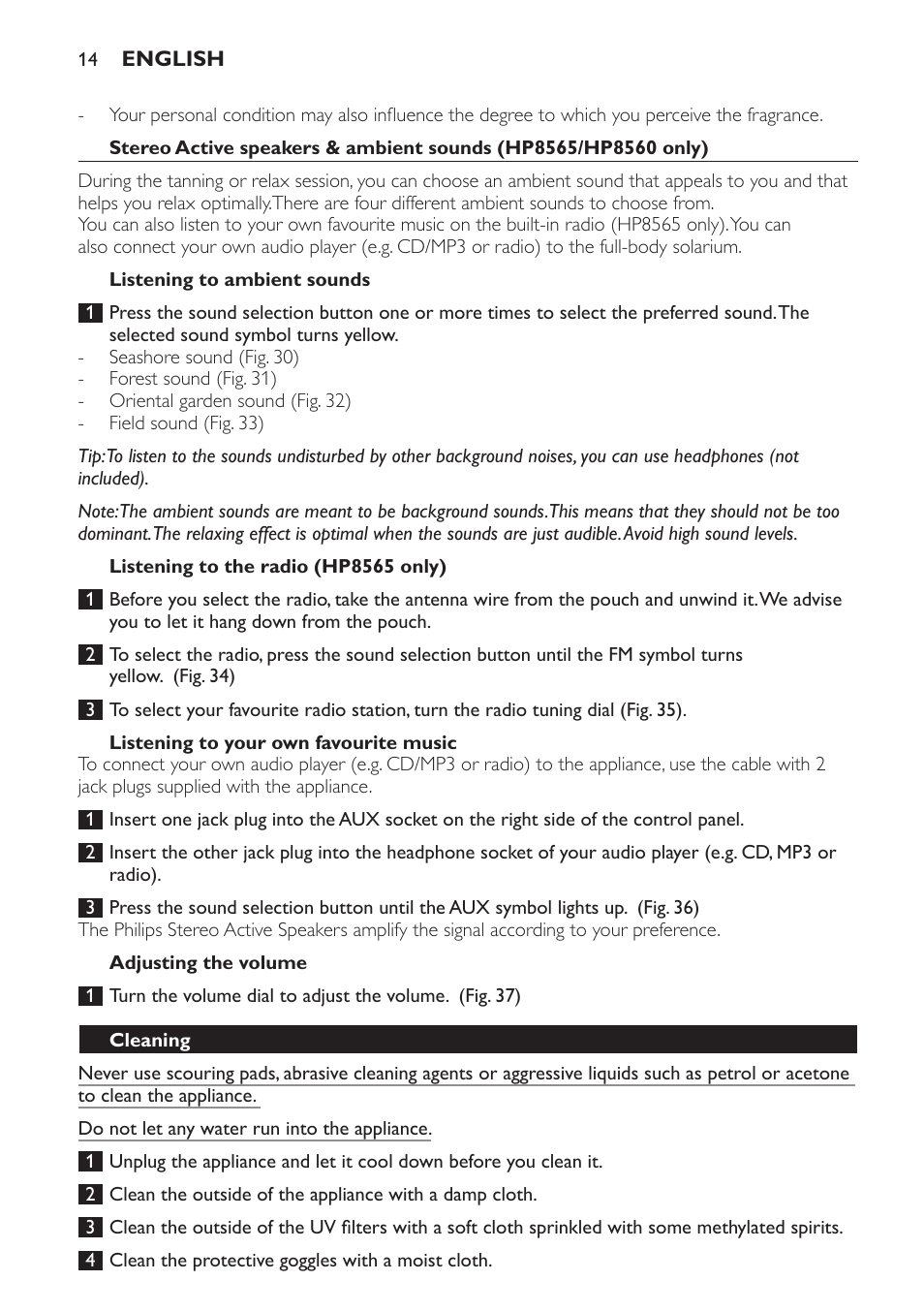 Listening to ambient sounds, Listening to the radio (hp8565 only), Listening to your own favourite music | Adjusting the volume, Cleaning | Philips HP8560 User Manual | Page 14 / 204