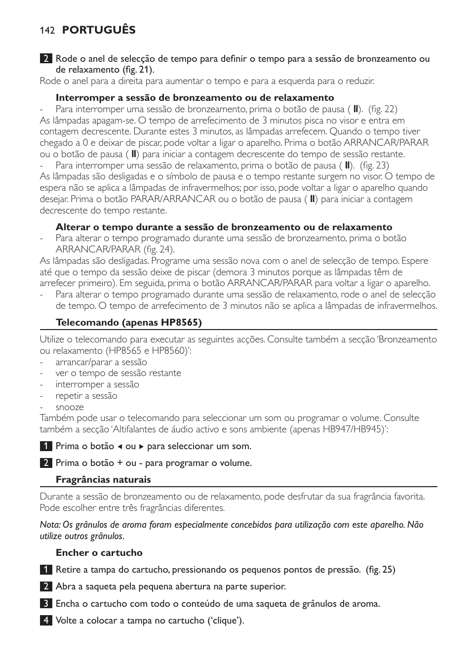 Telecomando (apenas hp8565), Fragrâncias naturais, Encher o cartucho | Philips HP8560 User Manual | Page 142 / 204