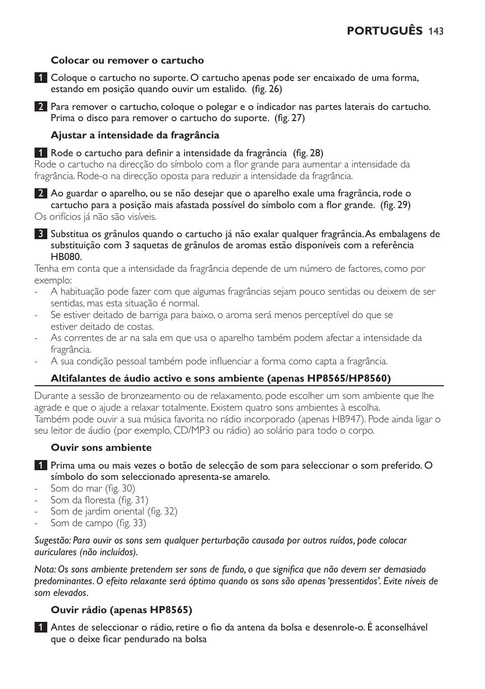 Colocar ou remover o cartucho, Ajustar a intensidade da fragrância, Ouvir sons ambiente | Ouvir rádio (apenas hp8565) | Philips HP8560 User Manual | Page 143 / 204