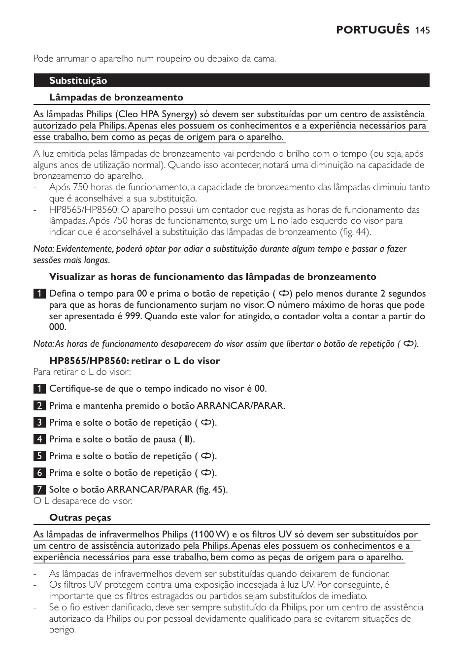 Substituição, Lâmpadas de bronzeamento, Hp8565/hp8560: retirar o l do visor | Outras peças | Philips HP8560 User Manual | Page 145 / 204