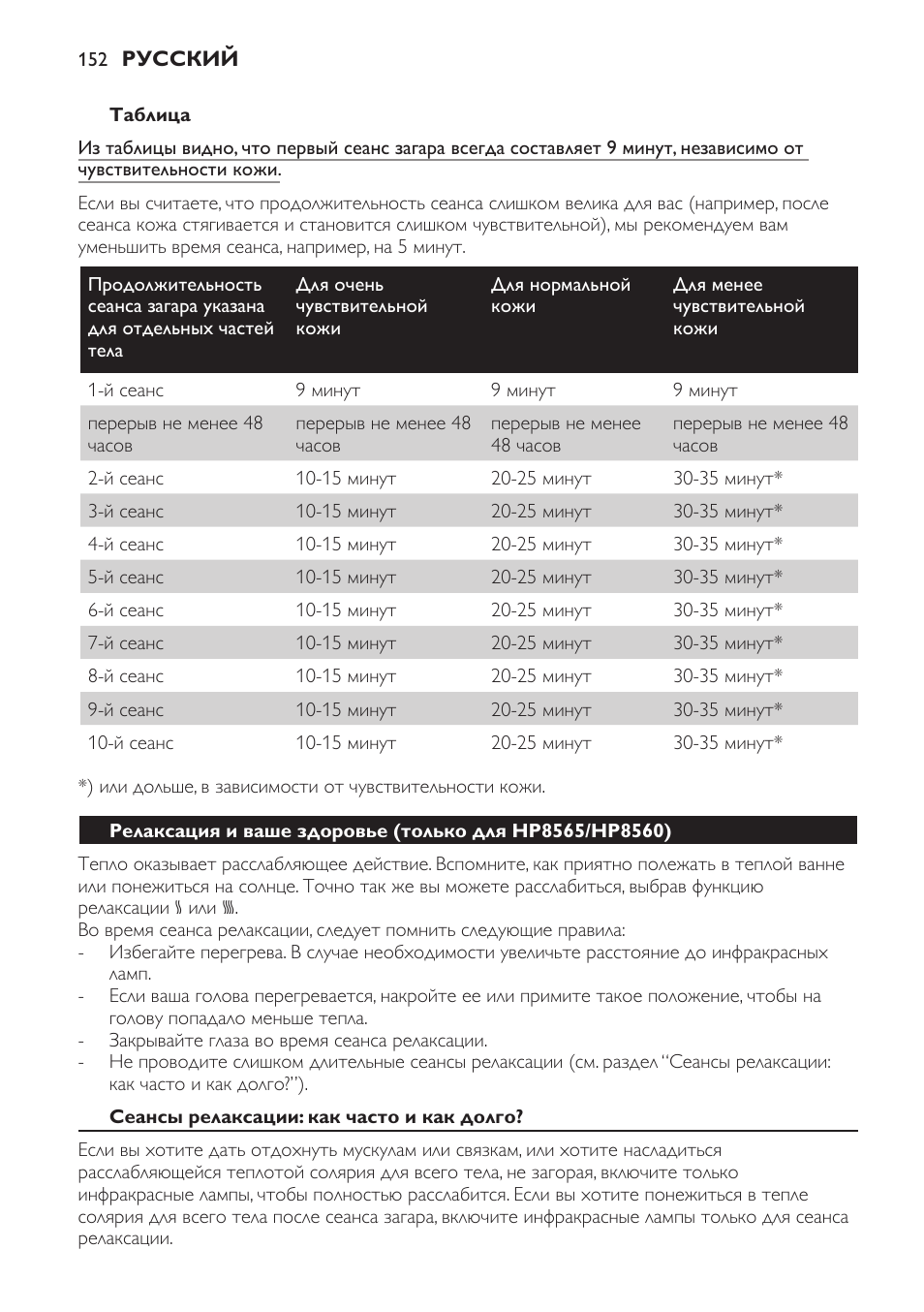 Таблица, Сеансы релаксации: как часто и как долго | Philips HP8560 User Manual | Page 152 / 204