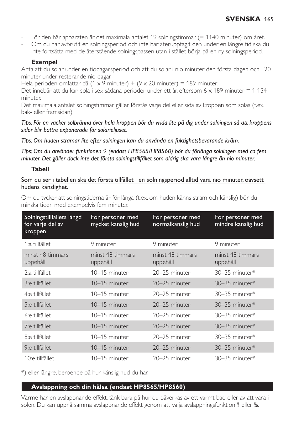 Exempel, Tabell, Avslappning och din hälsa (endast hp8565/hp8560) | Philips HP8560 User Manual | Page 165 / 204