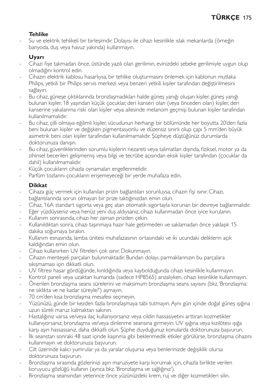 Tehlike, Uyarı, Dikkat | Philips HP8560 User Manual | Page 175 / 204