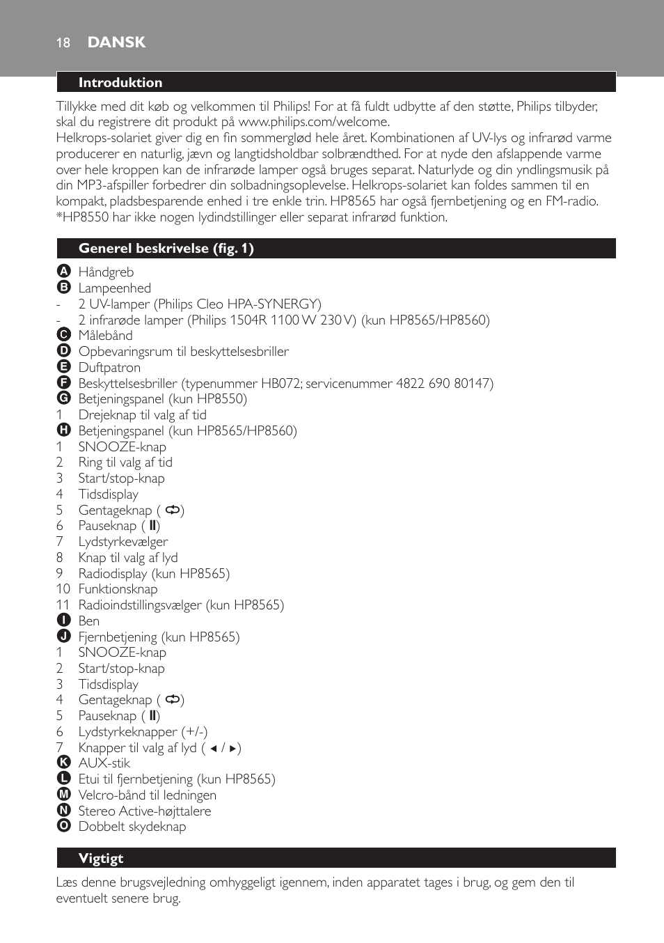 Dansk, Introduktion, Generel beskrivelse (fig. 1) | Vigtigt | Philips HP8560 User Manual | Page 18 / 204