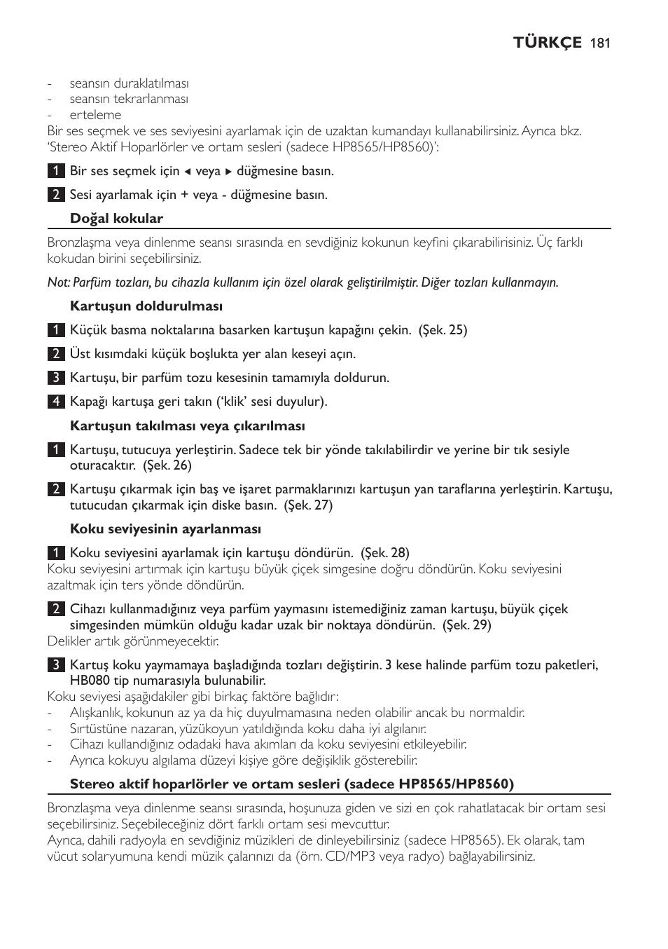 Doğal kokular, Kartuşun doldurulması, Kartuşun takılması veya çıkarılması | Koku seviyesinin ayarlanması | Philips HP8560 User Manual | Page 181 / 204