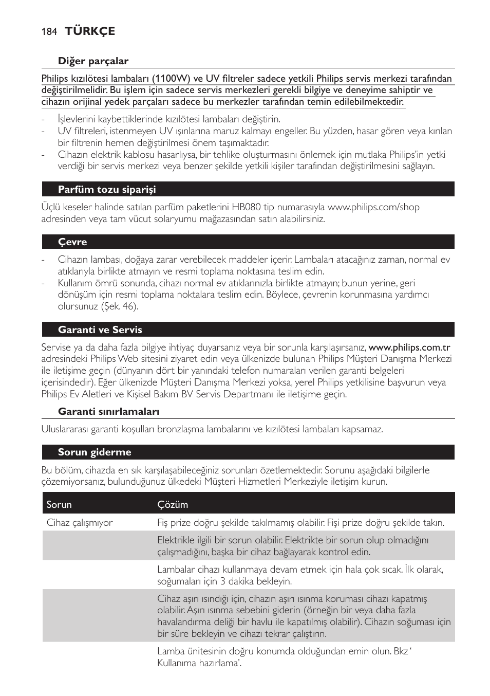 Diğer parçalar, Parfüm tozu siparişi, Çevre | Garanti ve servis, Garanti sınırlamaları, Sorun giderme | Philips HP8560 User Manual | Page 184 / 204