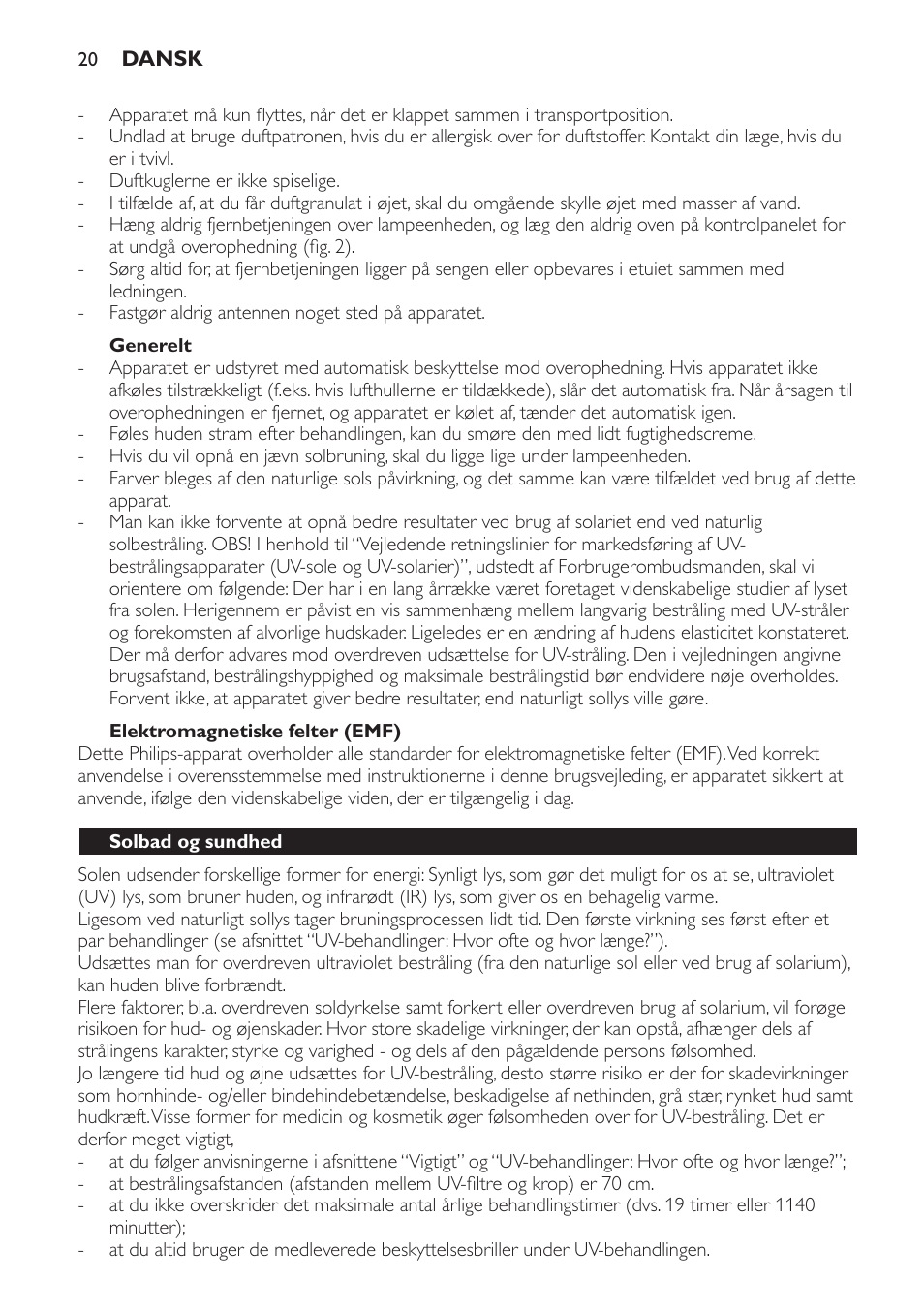 Generelt, Elektromagnetiske felter (emf), Solbad og sundhed | Philips HP8560 User Manual | Page 20 / 204