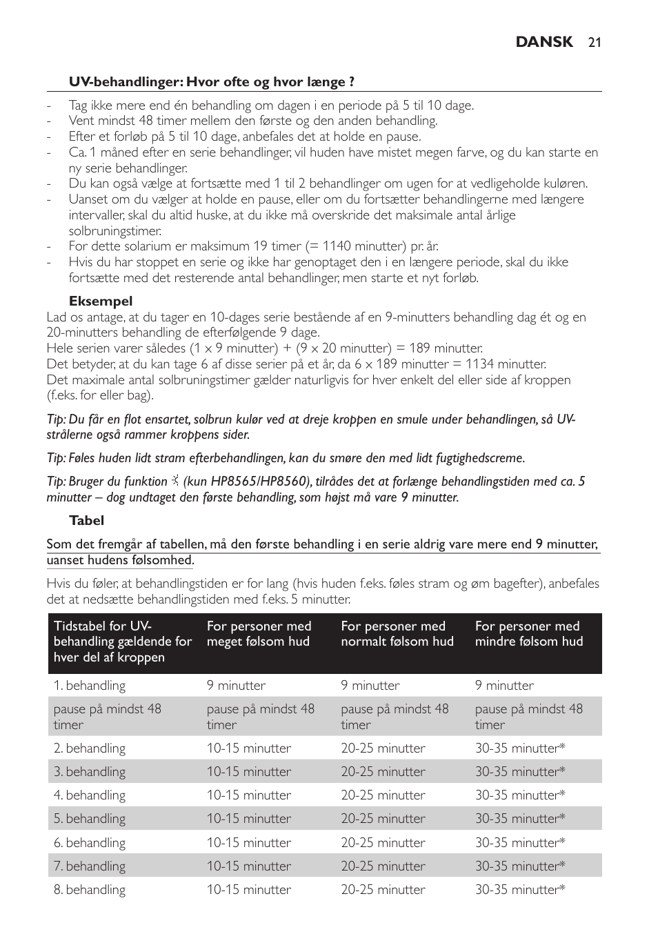 Uv-behandlinger: hvor ofte og hvor længe, Eksempel, Tabel | Philips HP8560 User Manual | Page 21 / 204