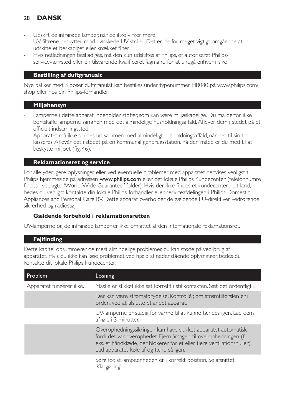 Bestilling af duftgranualt, Miljøhensyn, Reklamationsret og service | Gældende forbehold i reklamationsretten, Fejlfinding | Philips HP8560 User Manual | Page 28 / 204