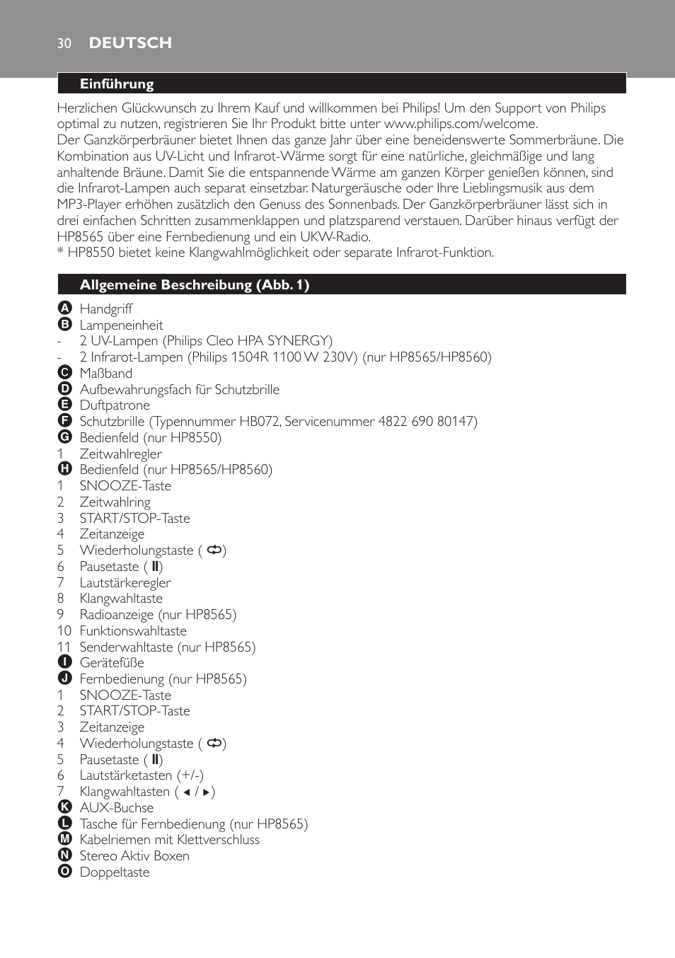 Deutsch, Einführung, Allgemeine beschreibung (abb. 1) | Philips HP8560 User Manual | Page 30 / 204