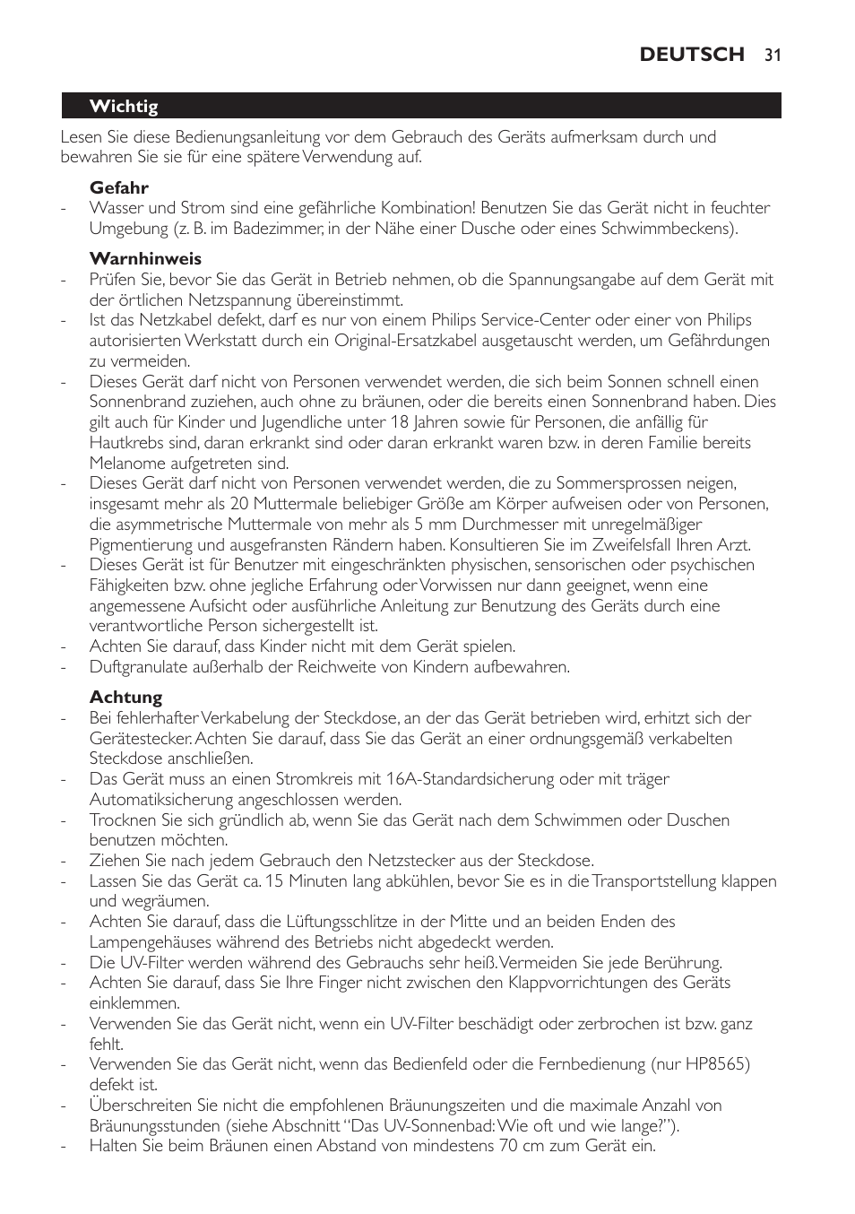 Gefahr, Warnhinweis, Achtung | Wichtig | Philips HP8560 User Manual | Page 31 / 204