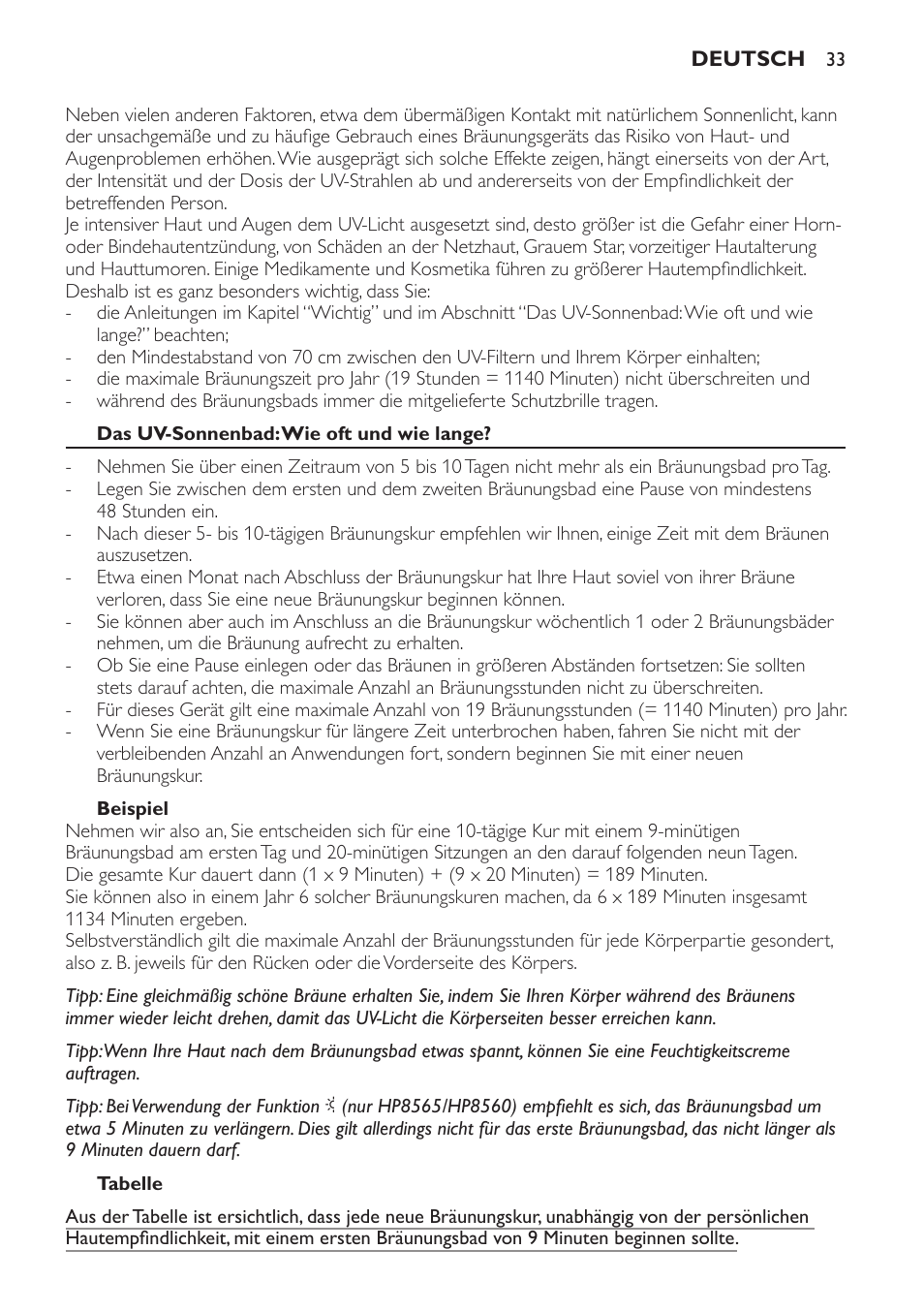 Das uv-sonnenbad: wie oft und wie lange, Beispiel, Tabelle | Philips HP8560 User Manual | Page 33 / 204