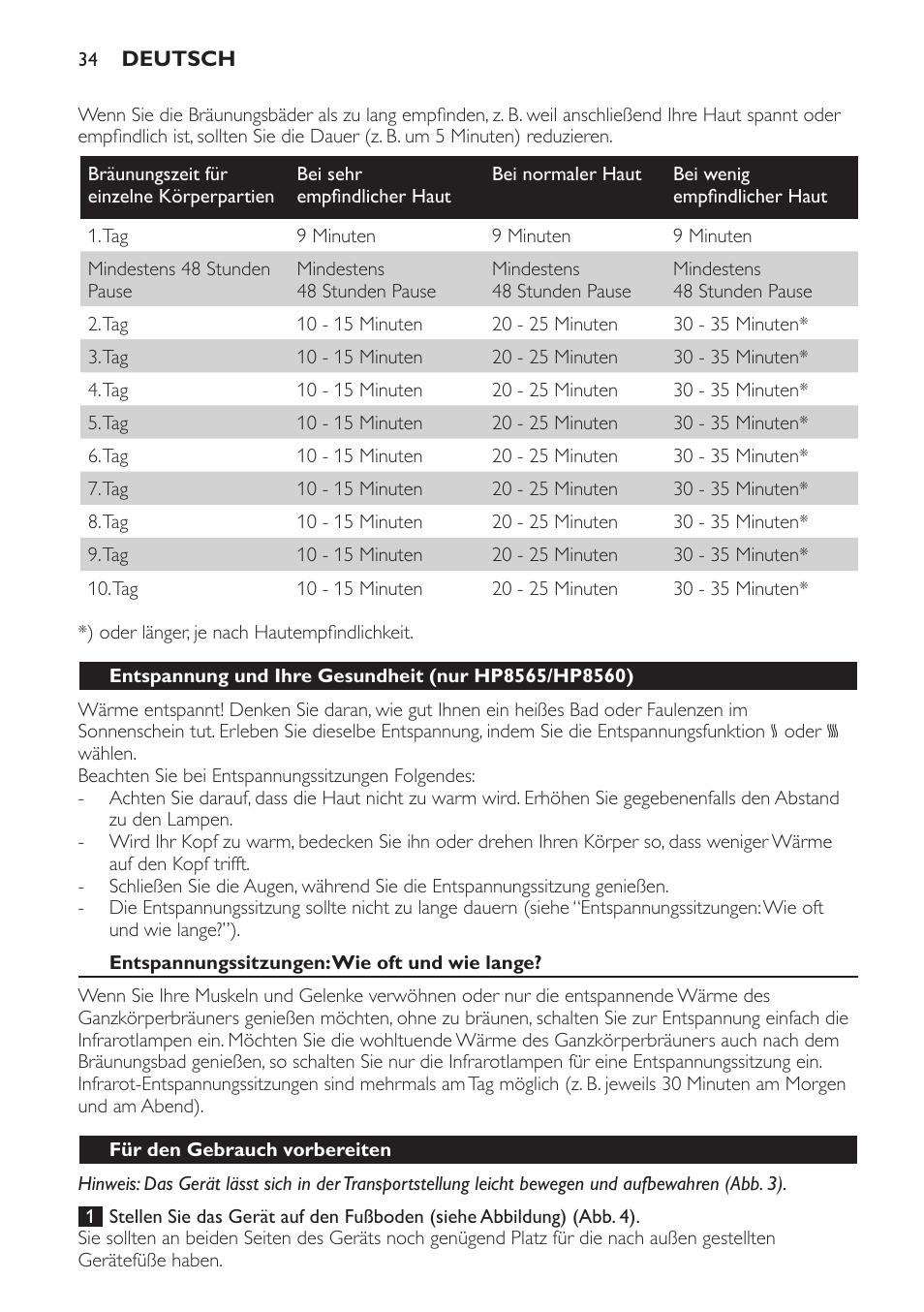 Entspannungssitzungen: wie oft und wie lange, Für den gebrauch vorbereiten | Philips HP8560 User Manual | Page 34 / 204