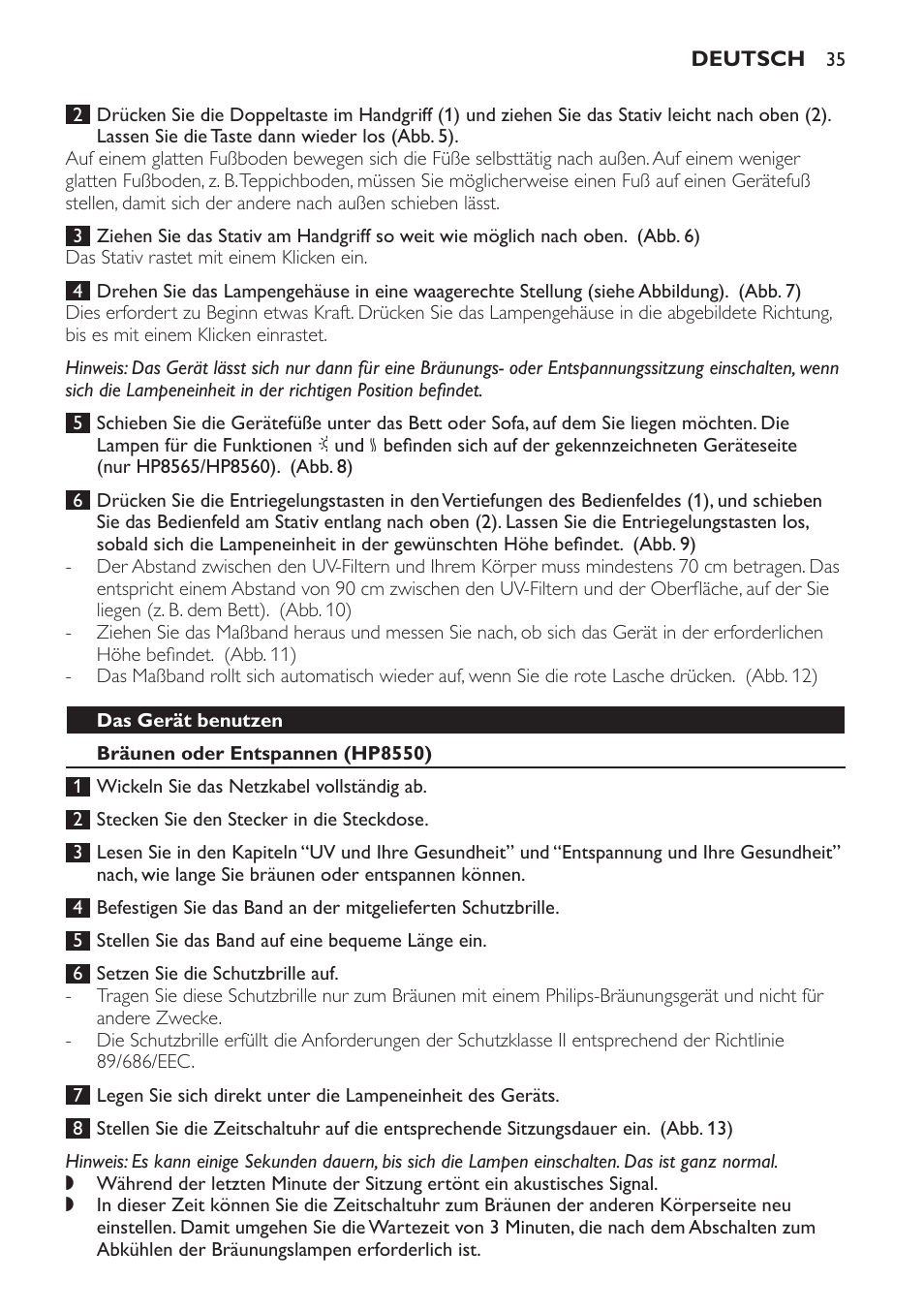 Das gerät benutzen, Bräunen oder entspannen (hp8550) | Philips HP8560 User Manual | Page 35 / 204