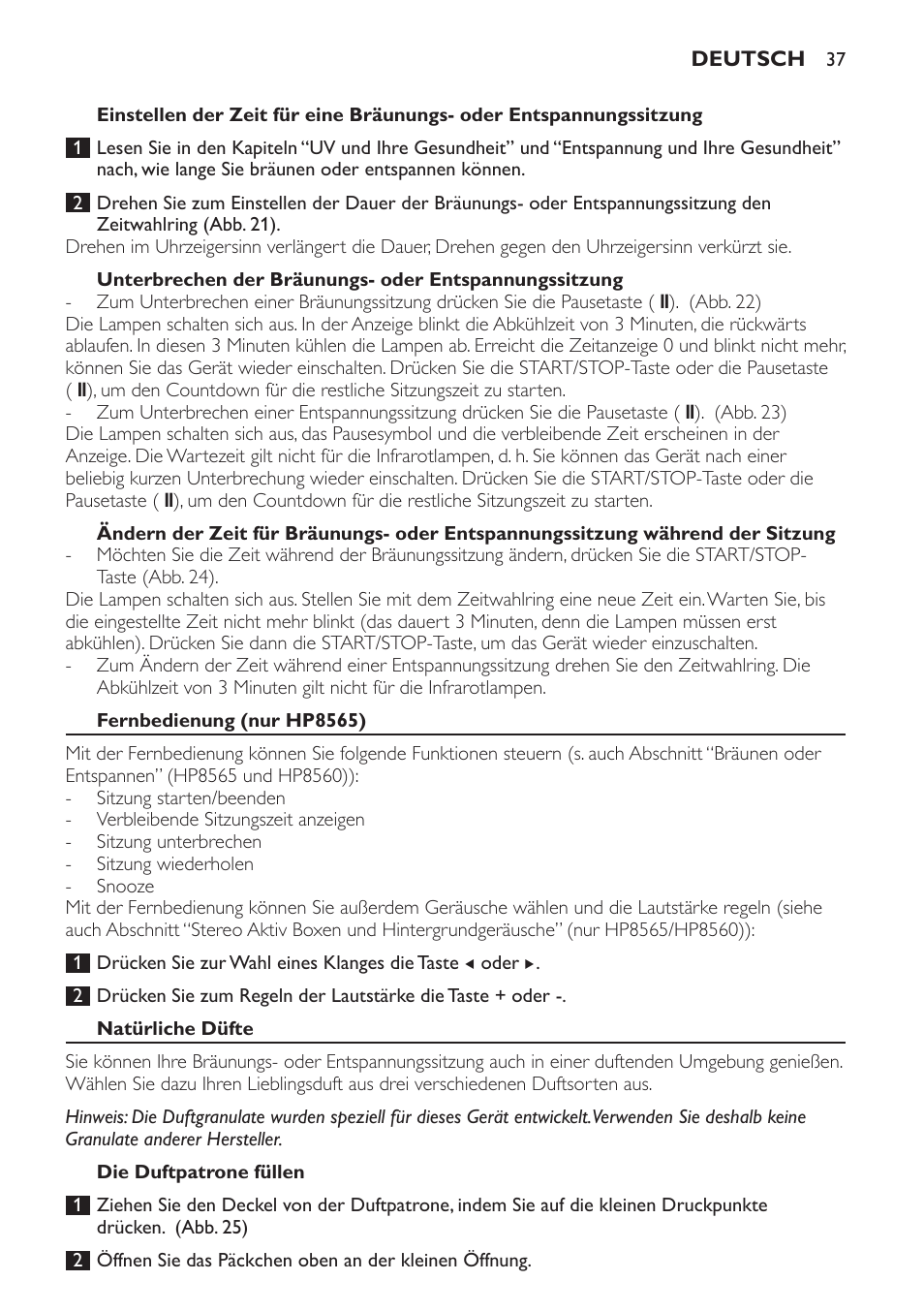 Fernbedienung (nur hp8565), Natürliche düfte, Die duftpatrone füllen | Philips HP8560 User Manual | Page 37 / 204