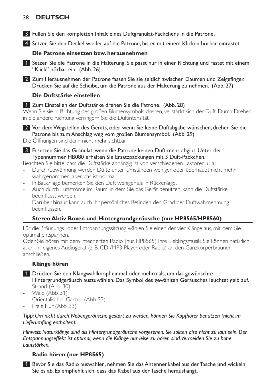 Die patrone einsetzen bzw. herausnehmen, Die duftstärke einstellen, Klänge hören | Radio hören (nur hp8565) | Philips HP8560 User Manual | Page 38 / 204