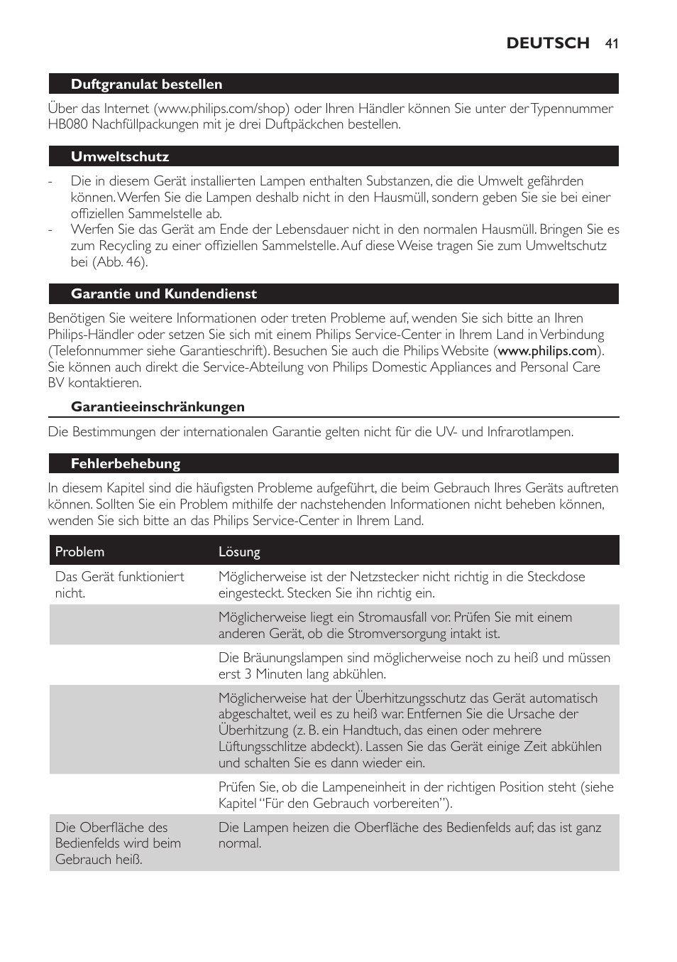 Duftgranulat bestellen, Umweltschutz, Garantie und kundendienst | Garantieeinschränkungen, Fehlerbehebung | Philips HP8560 User Manual | Page 41 / 204