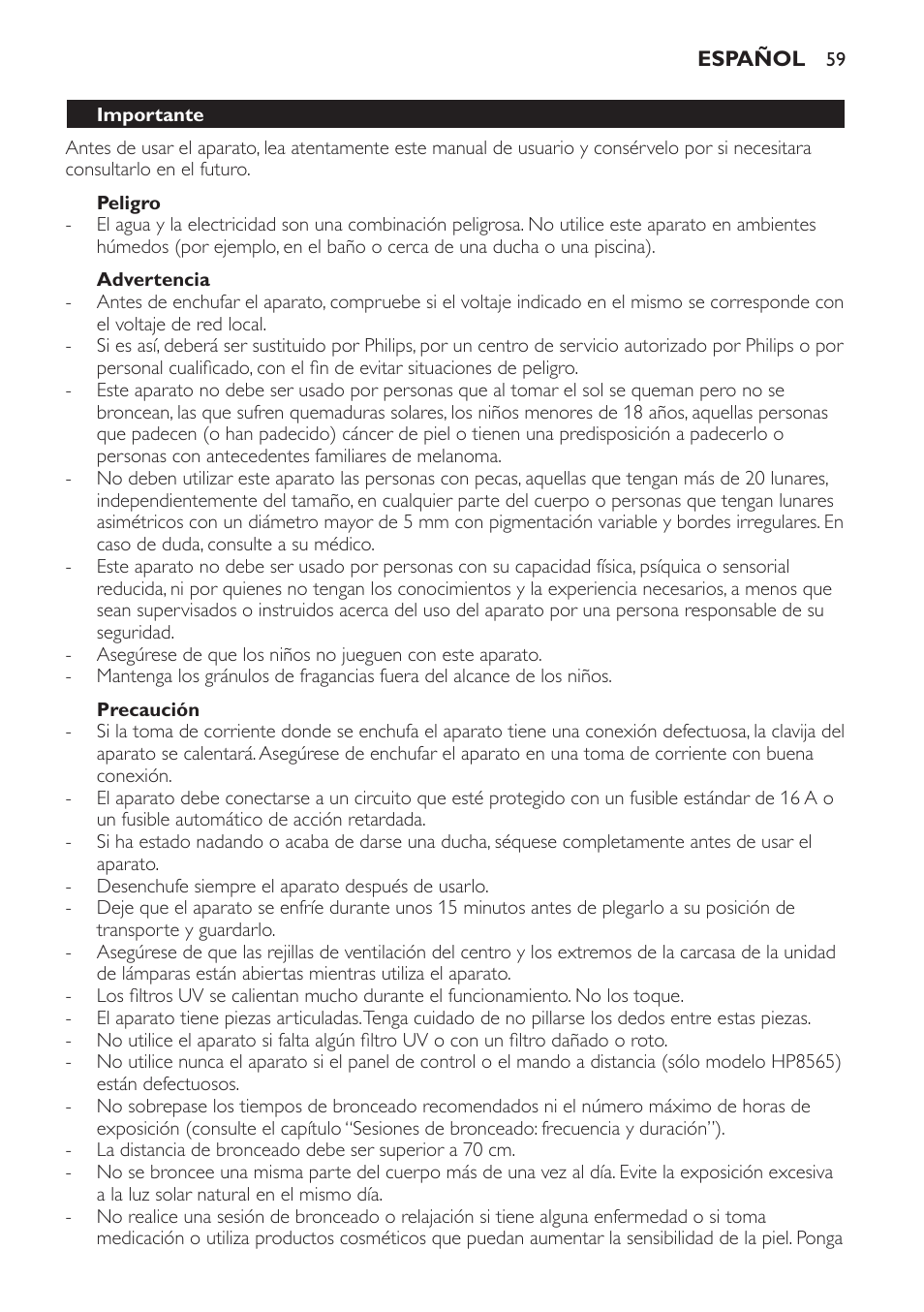 Peligro, Advertencia, Precaución | Importante | Philips HP8560 User Manual | Page 59 / 204