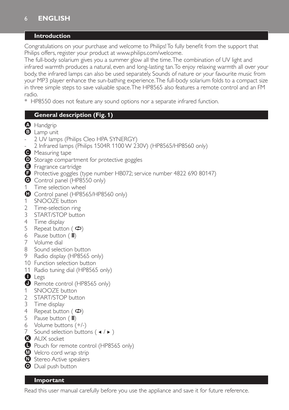 English, Introduction, General description (fig. 1) | Important | Philips HP8560 User Manual | Page 6 / 204