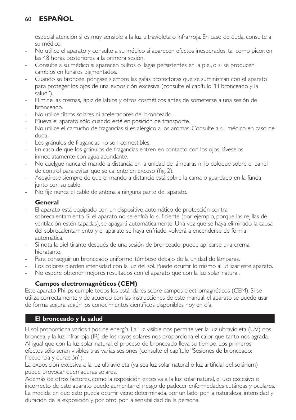 General, Campos electromagnéticos (cem), El bronceado y la salud | Philips HP8560 User Manual | Page 60 / 204