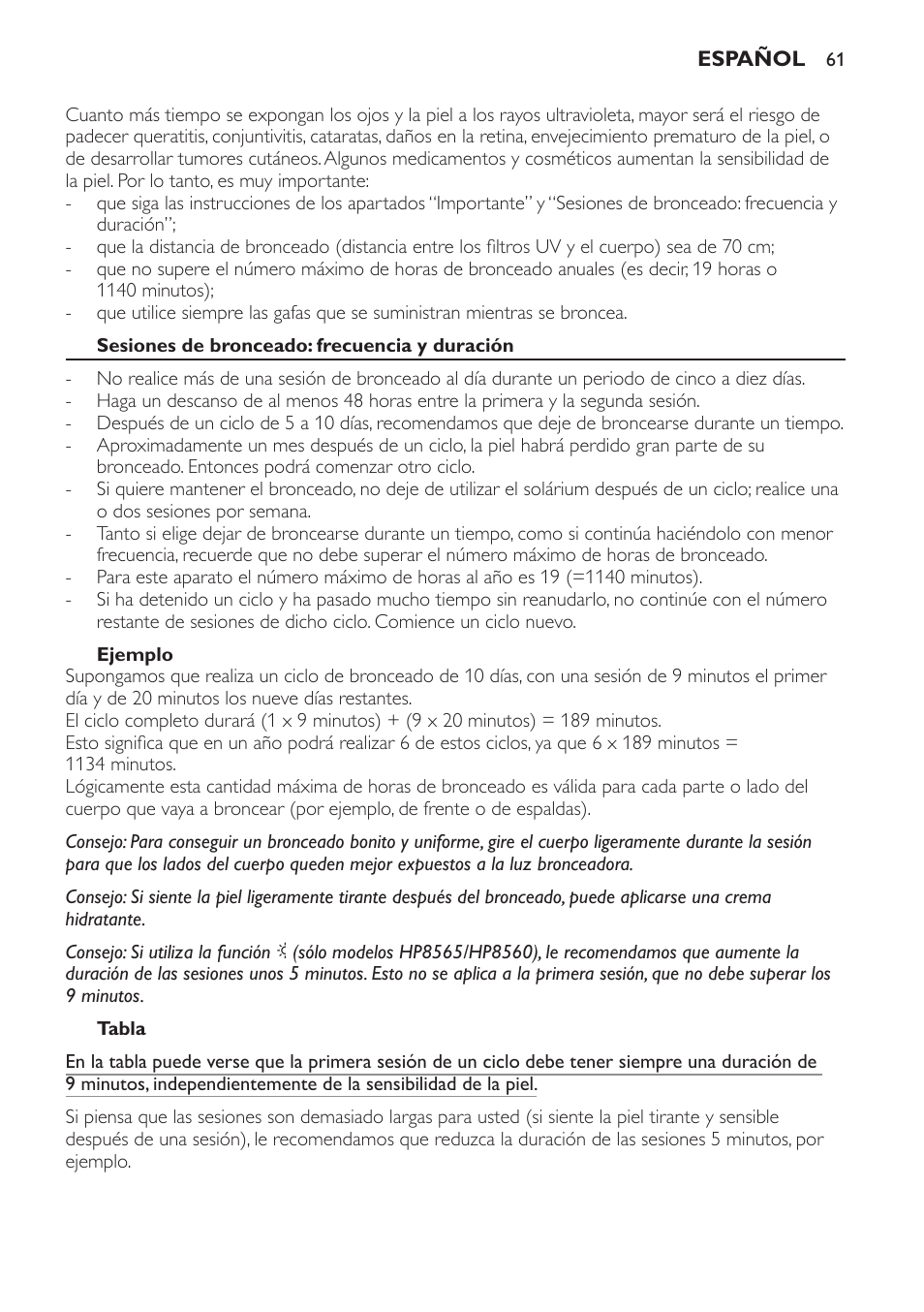 Sesiones de bronceado: frecuencia y duración, Ejemplo, Tabla | Philips HP8560 User Manual | Page 61 / 204