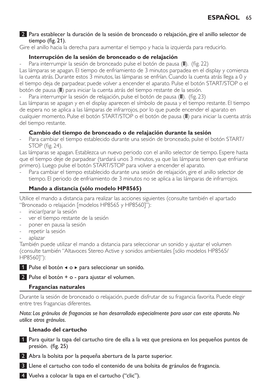 Mando a distancia (sólo modelo hp8565), Fragancias naturales, Llenado del cartucho | Philips HP8560 User Manual | Page 65 / 204