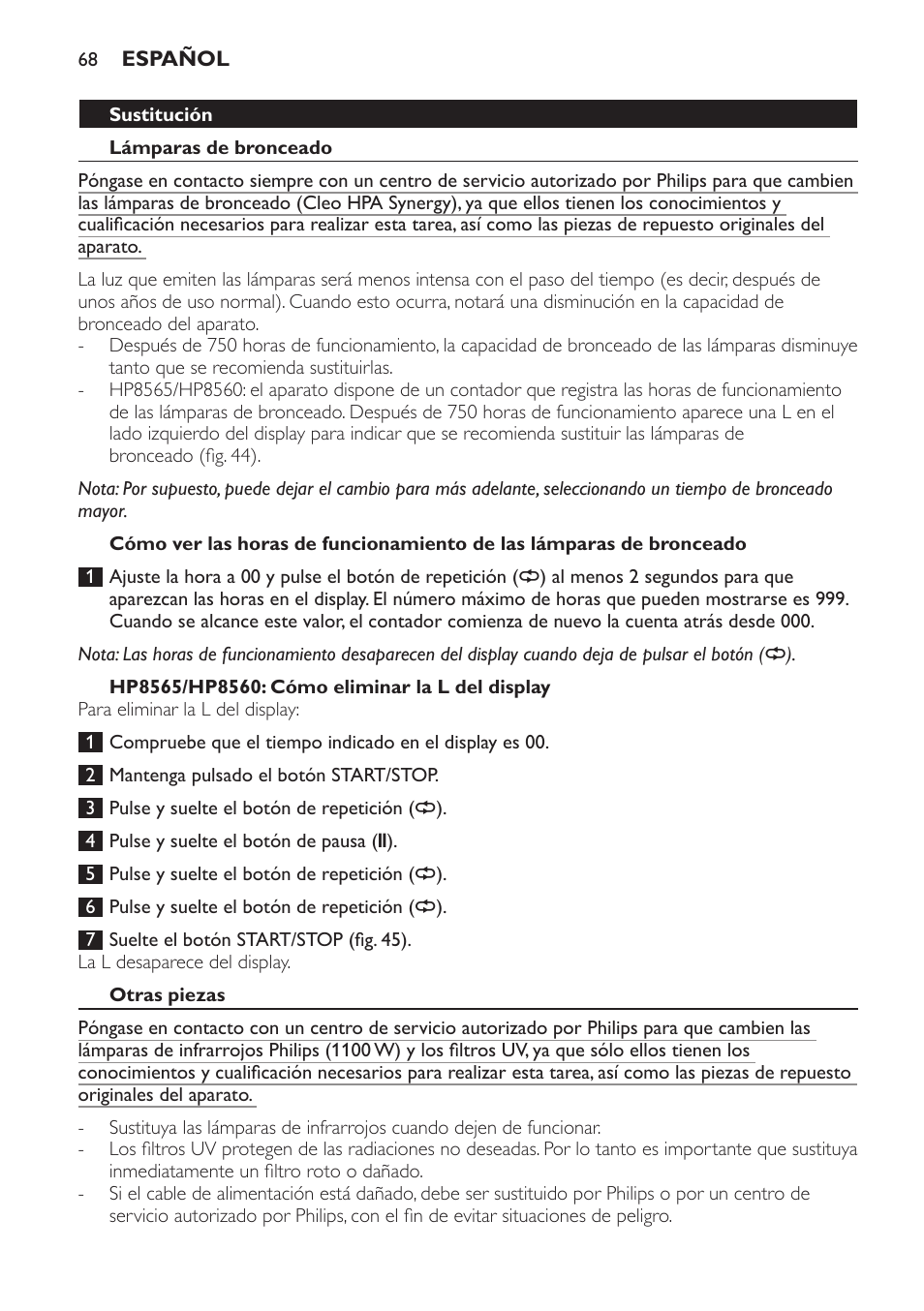 Sustitución, Lámparas de bronceado, Hp8565/hp8560: cómo eliminar la l del display | Otras piezas | Philips HP8560 User Manual | Page 68 / 204