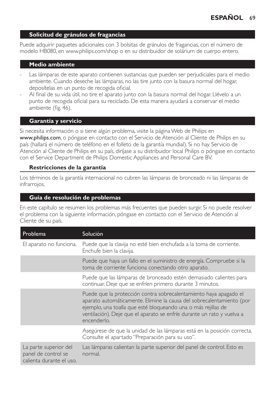 Solicitud de gránulos de fragancias, Medio ambiente, Garantía y servicio | Restricciones de la garantía, Guía de resolución de problemas | Philips HP8560 User Manual | Page 69 / 204