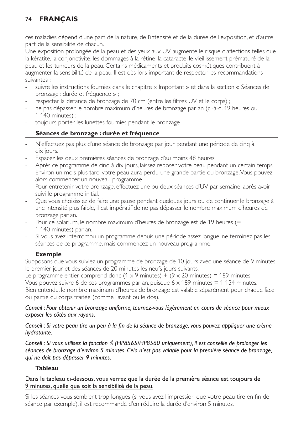 Séances de bronzage : durée et fréquence, Exemple, Tableau | Philips HP8560 User Manual | Page 74 / 204