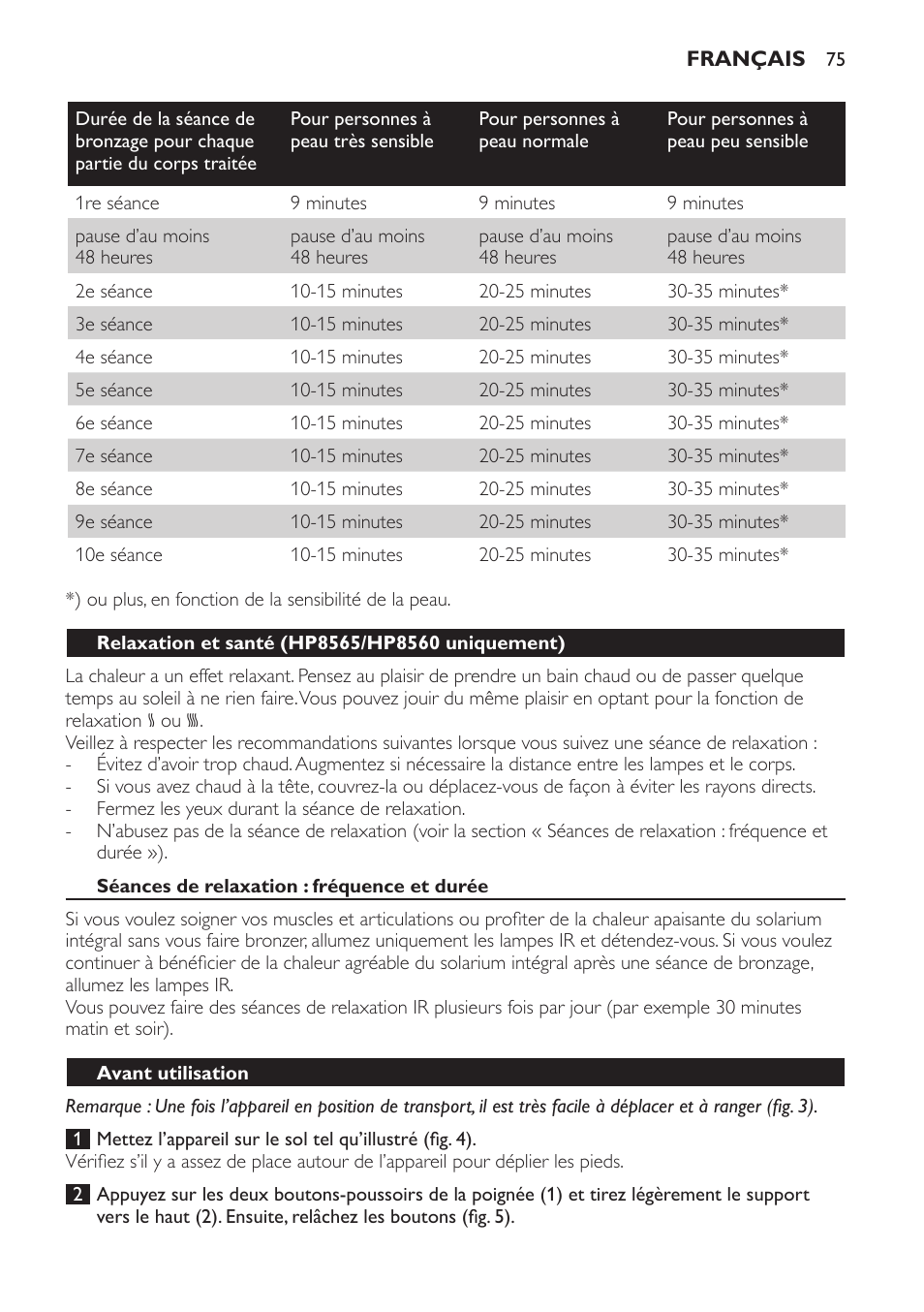 Relaxation et santé (hp8565/hp8560 uniquement), Séances de relaxation : fréquence et durée, Avant utilisation | Philips HP8560 User Manual | Page 75 / 204