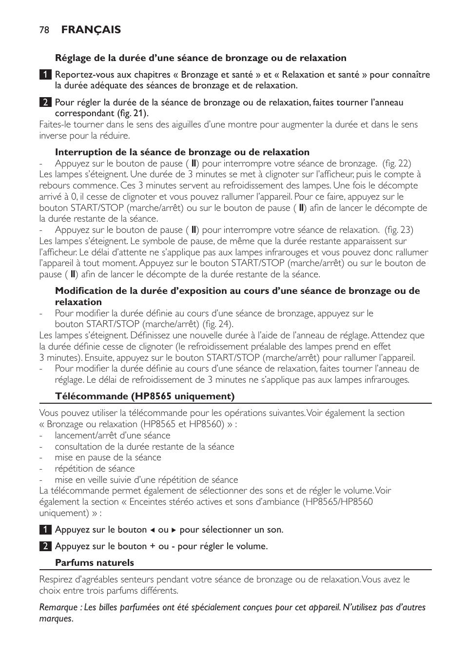 Télécommande (hp8565 uniquement), Parfums naturels | Philips HP8560 User Manual | Page 78 / 204