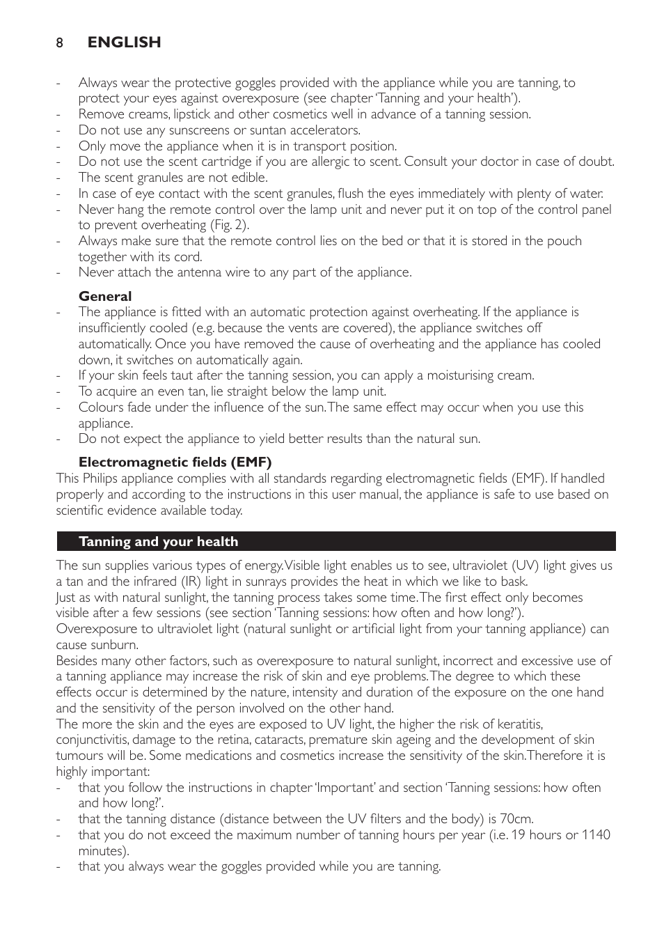 General, Electromagnetic fields (emf), Tanning and your health | Philips HP8560 User Manual | Page 8 / 204