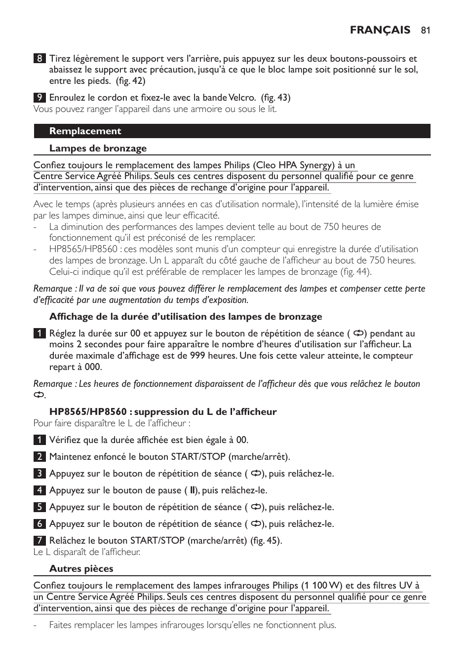 Remplacement, Lampes de bronzage, Hp8565/hp8560 : suppression du l de l’afficheur | Autres pièces | Philips HP8560 User Manual | Page 81 / 204